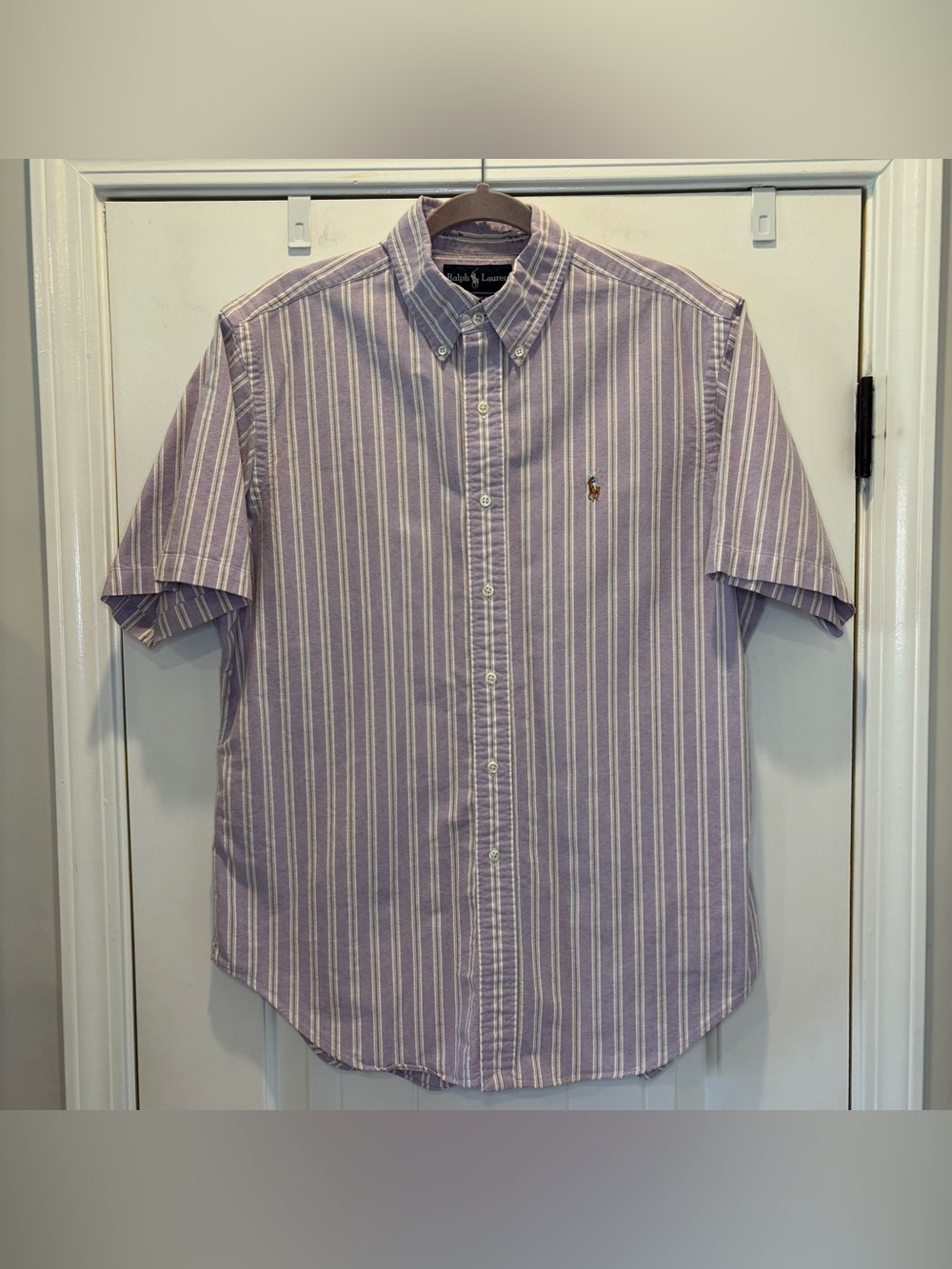 Mens Ralph Lauren Classic Fit Purple/White Striped Embroidered Button Up Large